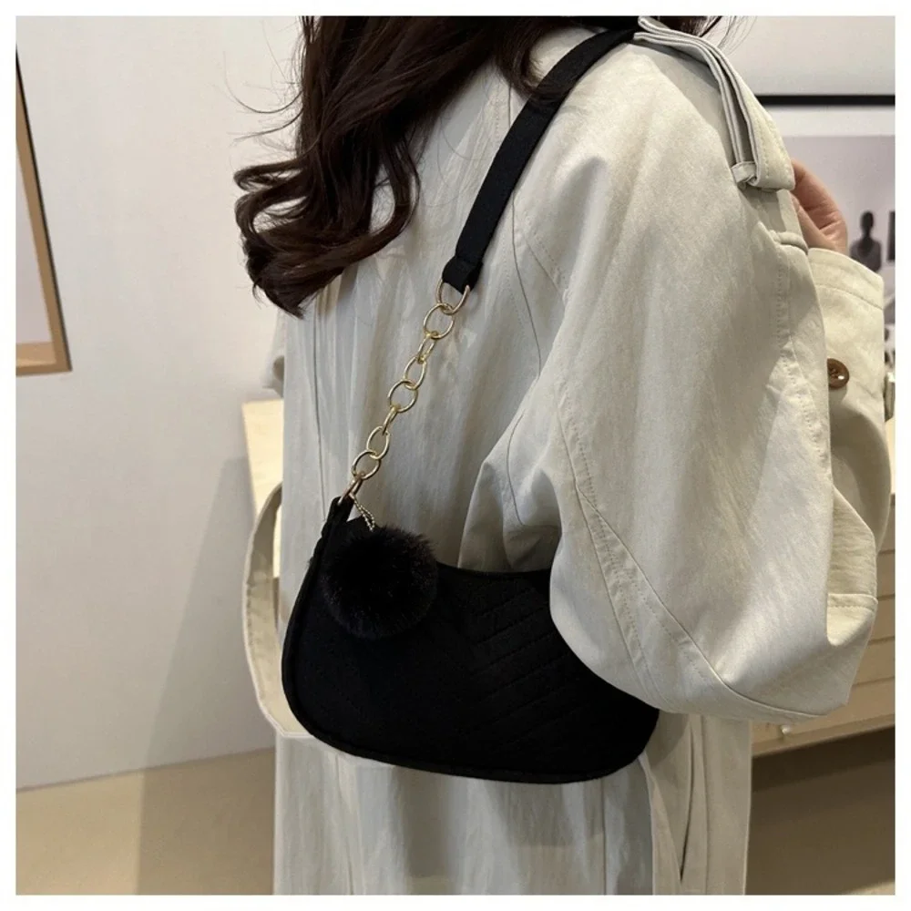 Women Chevron Quilted Baguette Shoulder Bag Pom Pom‎ Charm Black Small Purse